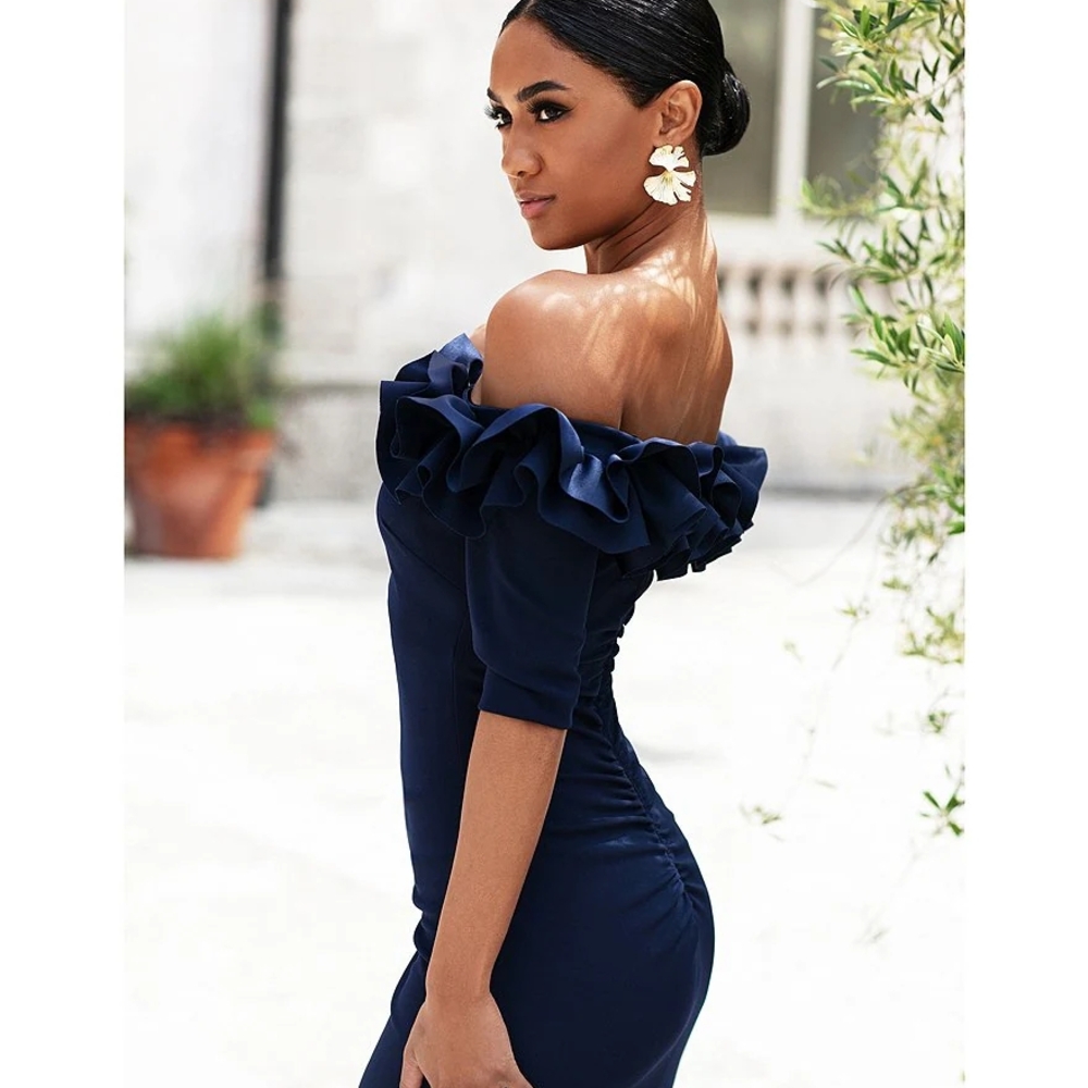 Xscape Navy Blue Ruched Off-Shoulder Gown - Picture 4 of 10